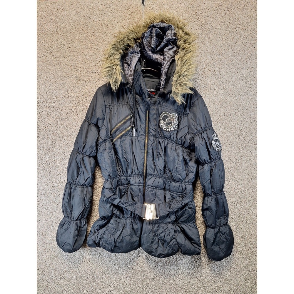 Ecko Red Puffer Jacket Womens Large Black Insulated Belted Waist Faux Fur Hooded